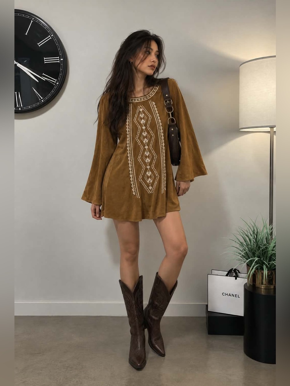 Jealous Tomato Faux Suede-Look Brown Embroidered Mini Dress